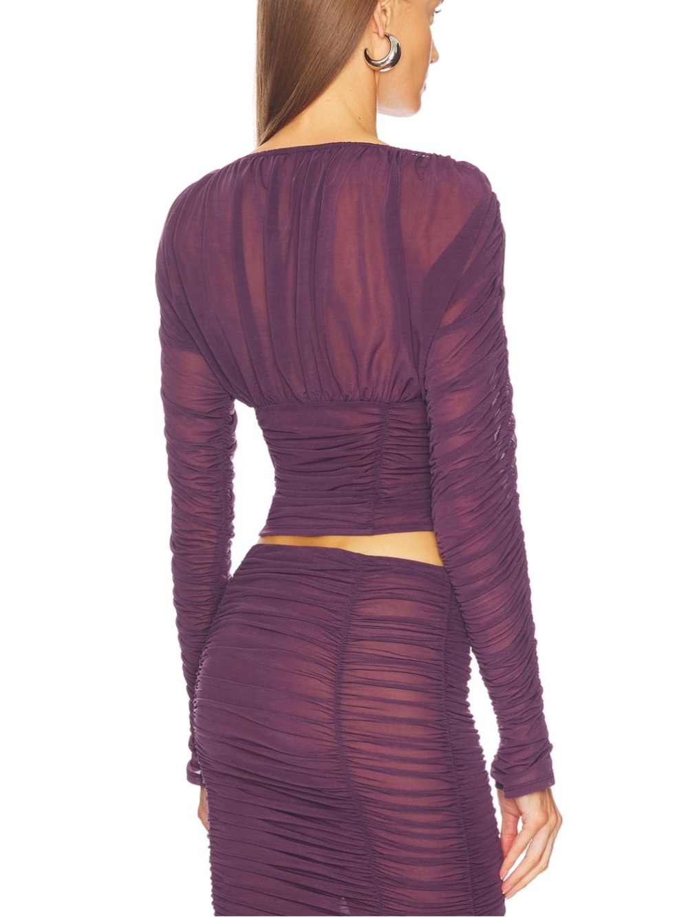 Camila Coelho Ruched Long-Sleeve Crop Top in Plum - Picture 3 of 3